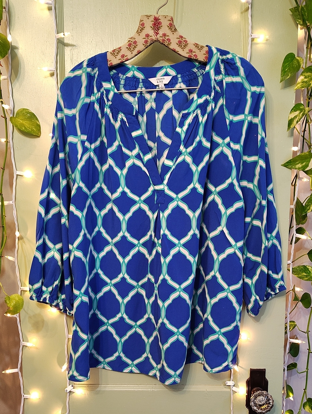 Women's Crown & Ivy Electric Blue White Nautical Pattern Blouse L